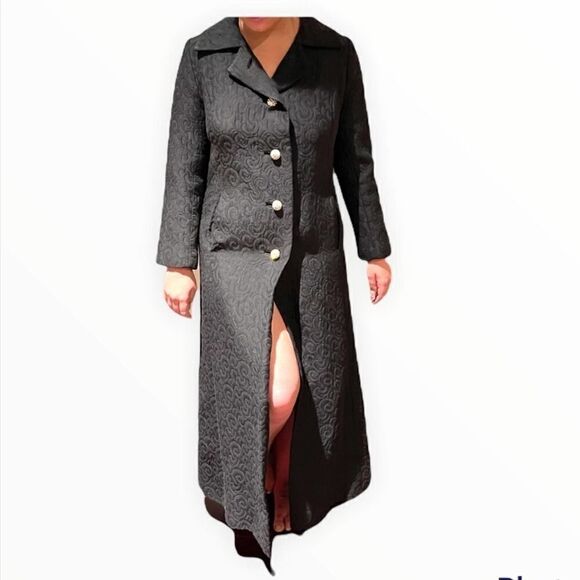 Vintage 1960’s Deadstock Black Matelasse Long Maxi Dress Coat Rhinestone Button - Picture 1 of 10